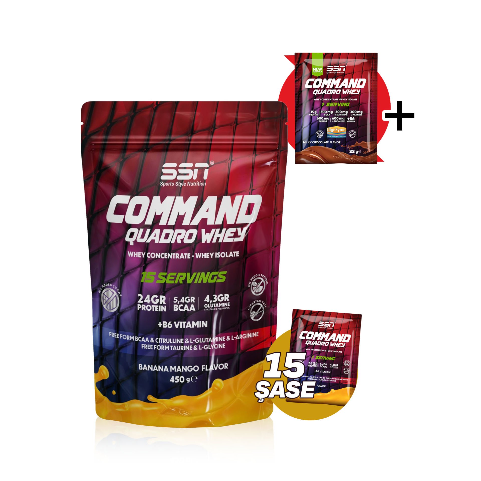 Command Quadro Whey 30 Gr 15 Şase Doypack 450 Gr (Muz-Mango) Protein Tozu